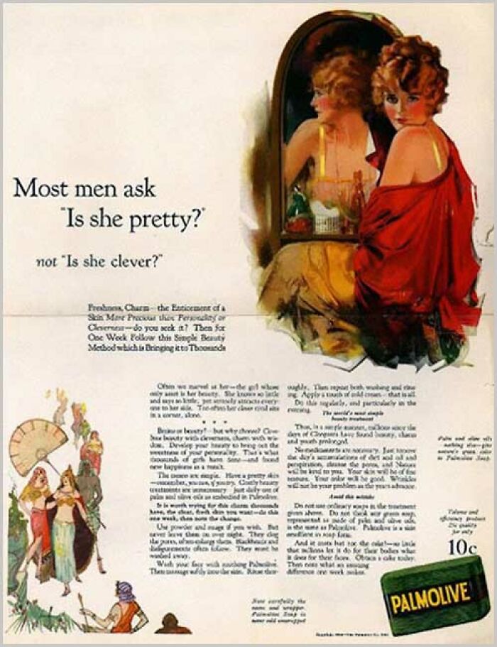 Palmolive vintage ad questioning men's focus on looks over cleverness