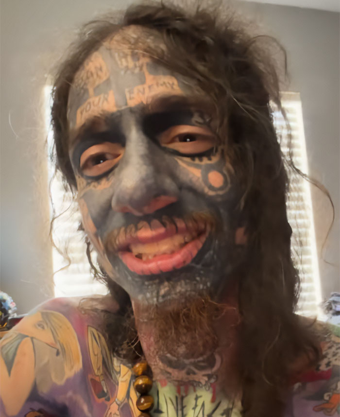 Close-up selfie of the Florida demonologist showing his heavily tattooed face and head Close-up selfie of the Florida demonologist showing his heavily tattooed face and head