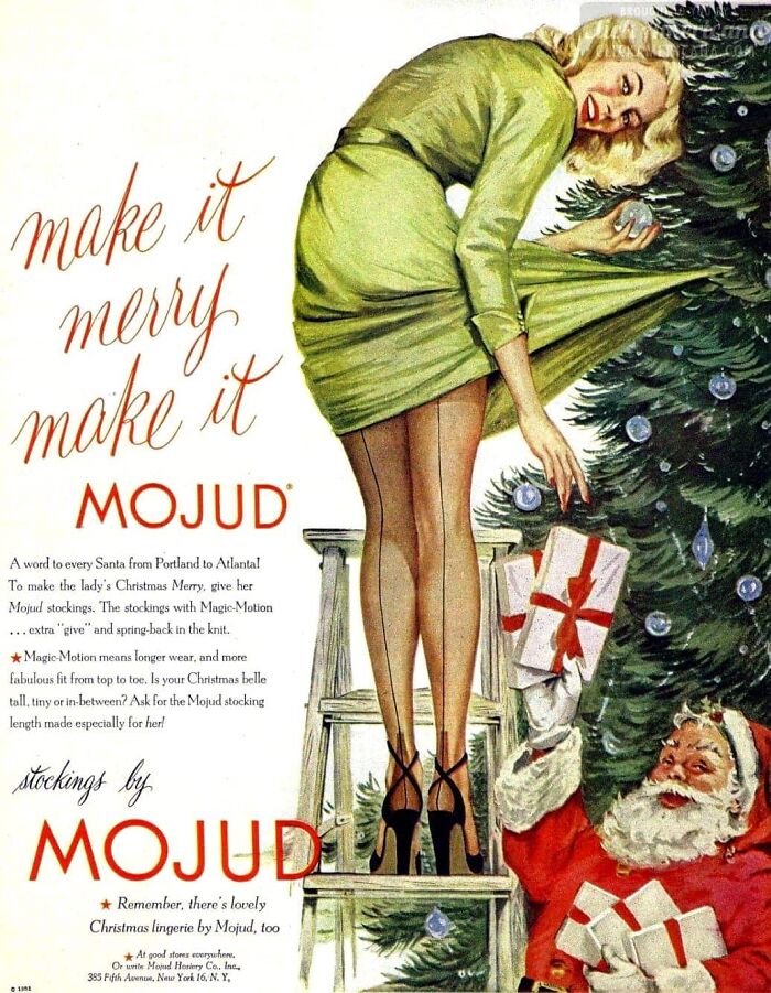Classic Christmas stockings ad by Mojud featuring festive woman