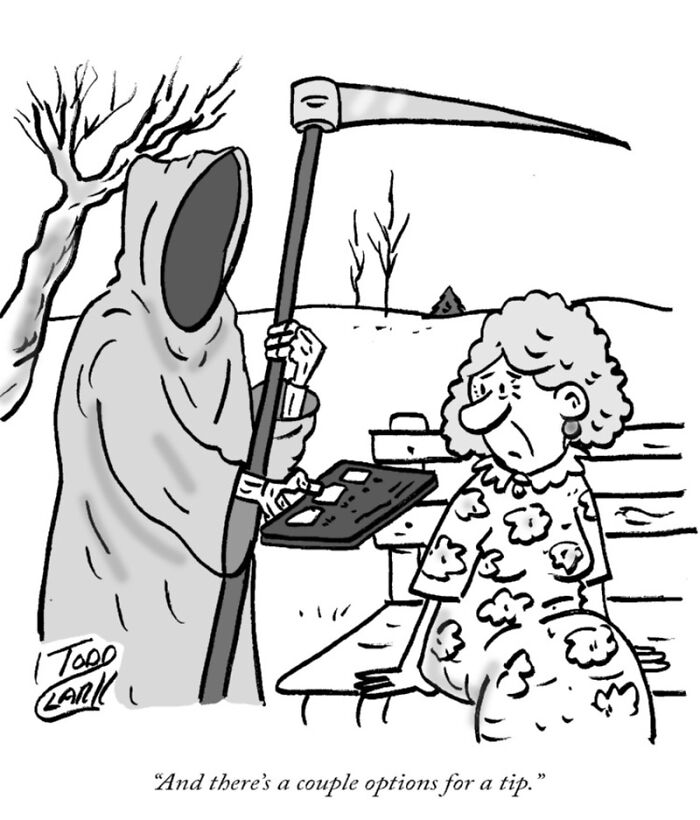 A satirical comic depicting the Grim Reaper holding a tablet for a tip highlighting ridiculous situations