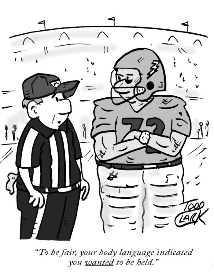 A referee talking to a football player on the field in a satirical comic.