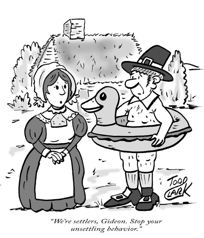A pilgrim wearing a duck floaty standing with a woman in a satirical comic.