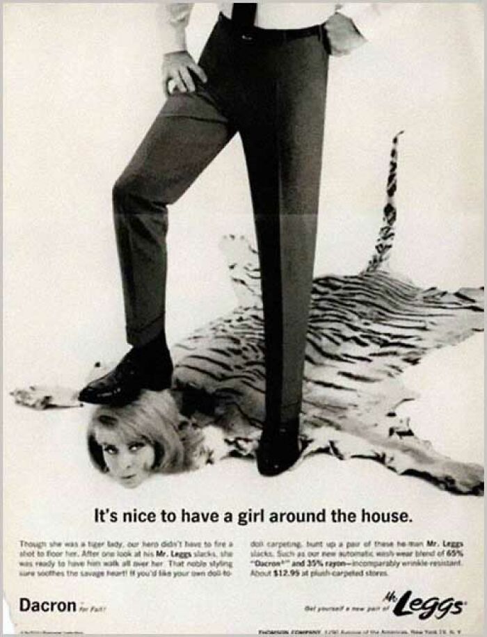 Mr. Leggs pants ad with man standing on tiger rug and slogan