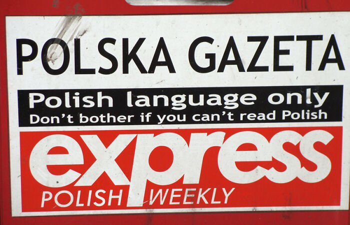 Polish newspaper sign with funny English text showing translation fails on public signs