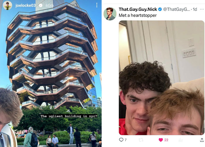 Social media posts showing Joe Locke in NYC alongside a selfie posted by adult content creator Nick.