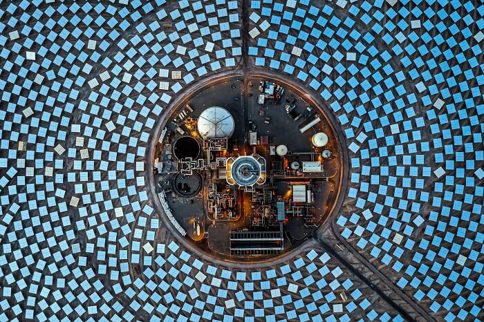 Aerial view of a solar plant featured in the Ournature Environmental Photo Awards 2026.