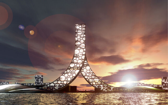 Futuristic strange building with circular elements over water at sunset
