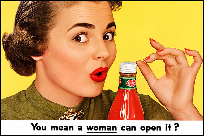 Retro woman amazed by easily opened Del Monte ketchup bottle in vintage advertisement