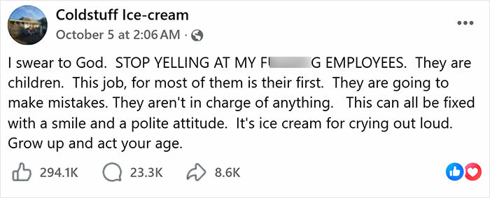 A viral Facebook post from a protective ice cream shop owner defending a teen employee. A viral Facebook post from a protective ice cream shop owner defending a teen employee.