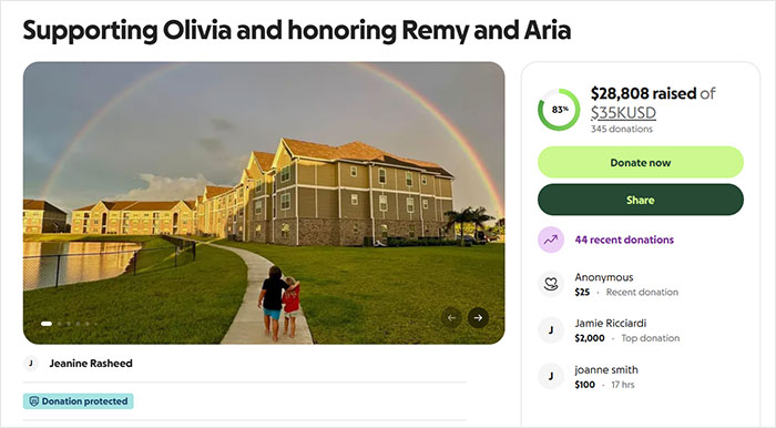 A GoFundMe fundraiser page titled Supporting Olivia, set up after a mom picking up her 2 children experienced tragedy