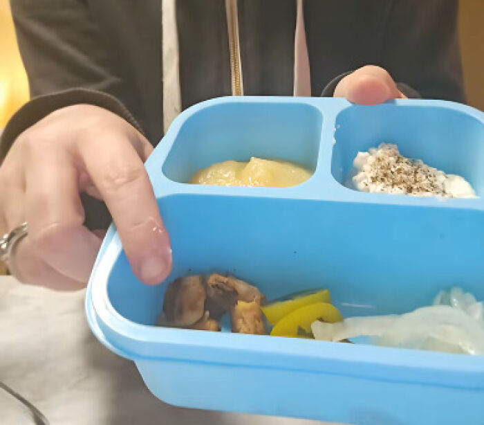 Blue lunchbox with chicken, sides including applesauce and cottage cheese Blue lunchbox with chicken, sides including applesauce and cottage cheese