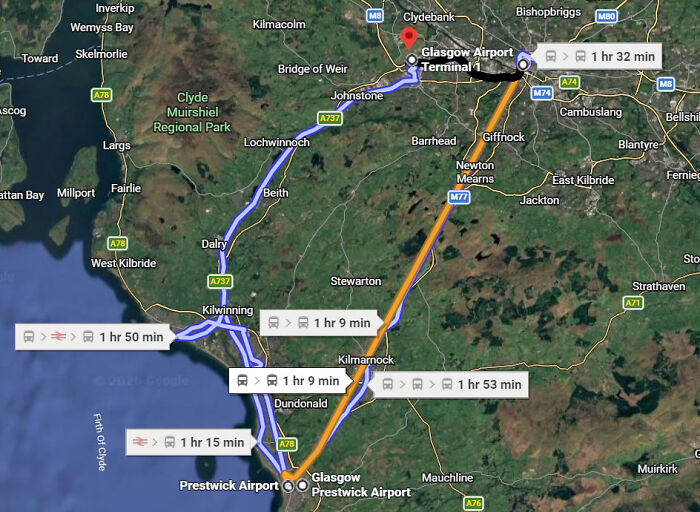 Map showing route between Glasgow Airport and Prestwick Airport following a severe airport gate change.
