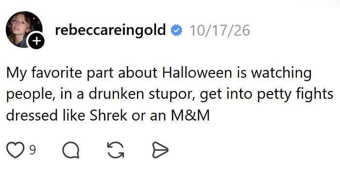 Funny Halloween posts about drunken fights in Shrek and M&M costumes.