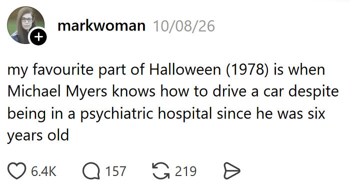 Funny Halloween posts about Michael Myers driving a car.