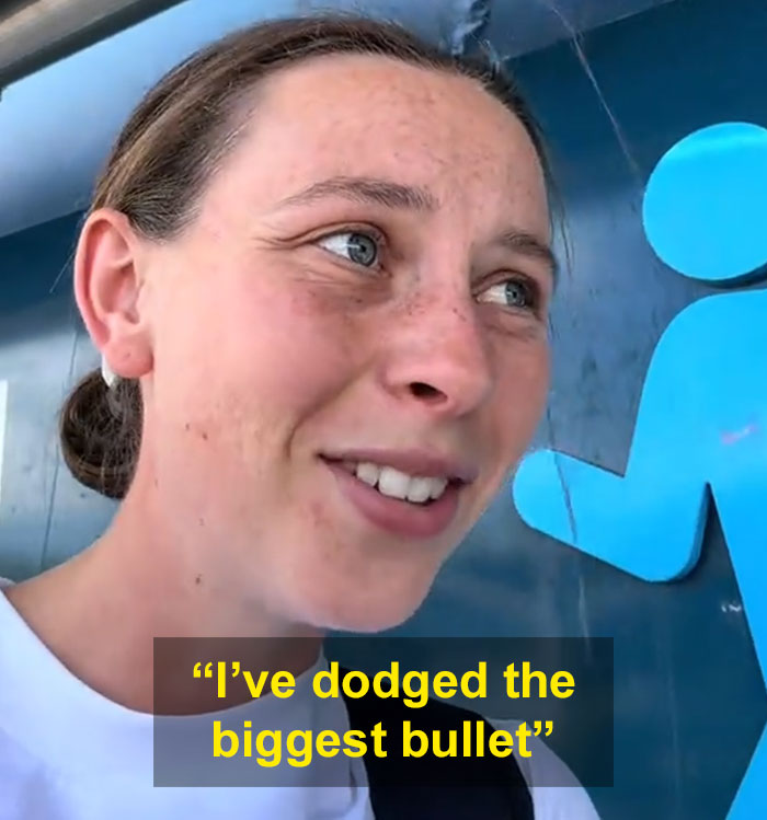 Woman smiles with text I have dodged the biggest bullet after a man stands woman up on first date.