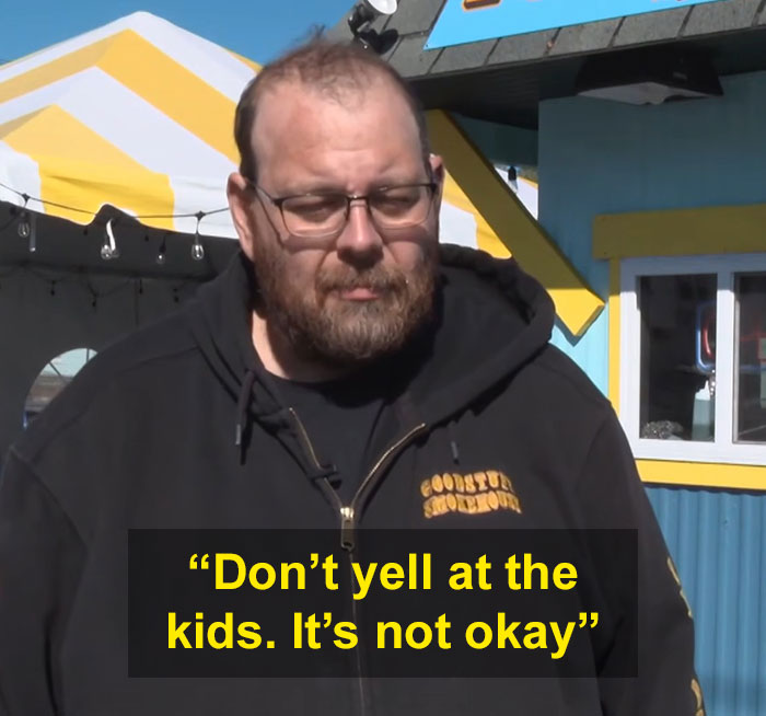 An ice cream shop owner advocating for a teen employee with a quote warning against yelling at kids. An ice cream shop owner advocating for a teen employee with a quote warning against yelling at kids.