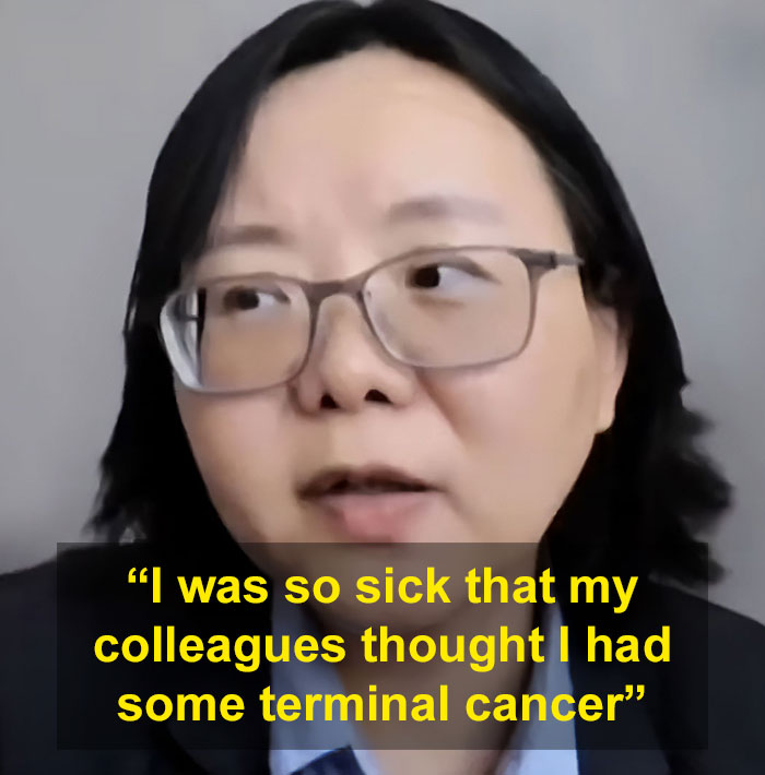 A woman with glasses speaking about severe health problems with overlay text about being sick. A woman with glasses speaking about severe health problems with overlay text about being sick.