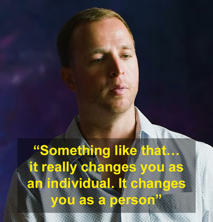 A concerned male teacher speaking during an interview about a life changing event