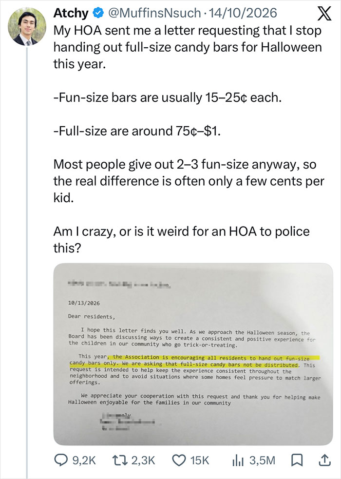 Social media post displaying an HOA letter demanding residents limit Halloween candy to fun-size bars only. Social media post displaying an HOA letter demanding residents limit Halloween candy to fun-size bars only.