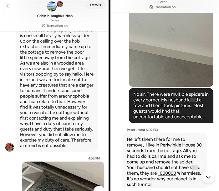 Screenshot of text messages between a guest and an Airbnb host discussing spiders in a rental
