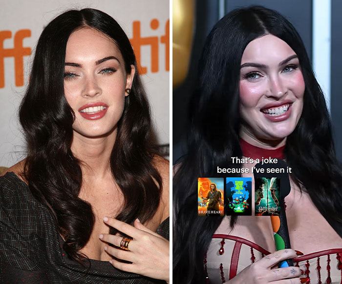 Side-by-side comparison of Megan Fox showing changes in her facial appearance over time. Side-by-side comparison of Megan Fox showing changes in her facial appearance over time.