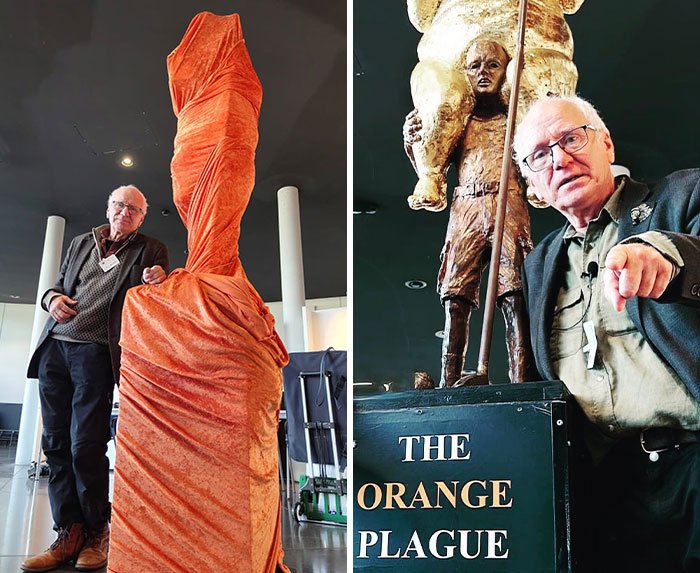 The artist alongside a satirical golden statue of Donald Trump and its plaque reading The Orange Plague. The artist alongside a satirical golden statue of Donald Trump and its plaque reading The Orange Plague.