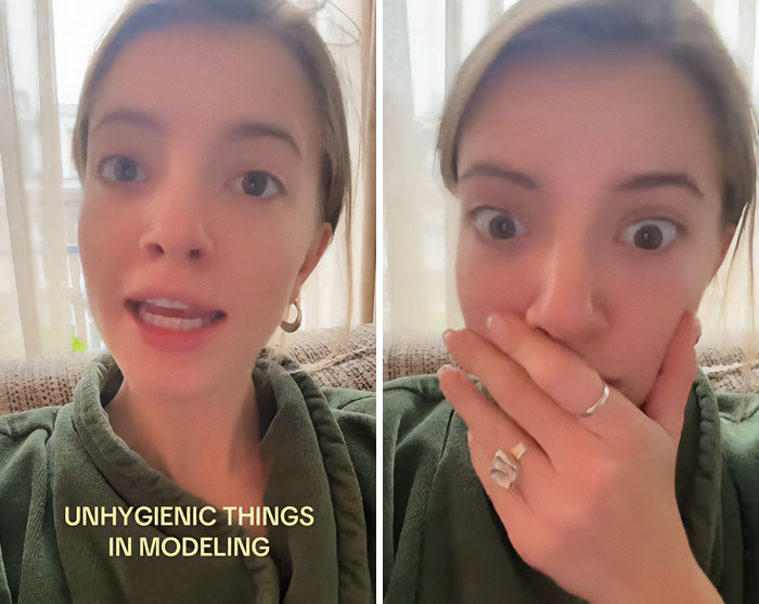 Model exposes horrifying hygiene issues on set in a split screen video.