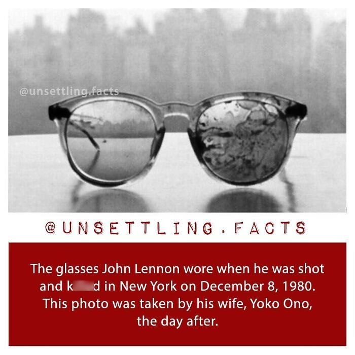 Close-up of blood-splattered glasses worn by John Lennon, showcasing creepy and unsettling facts from history.