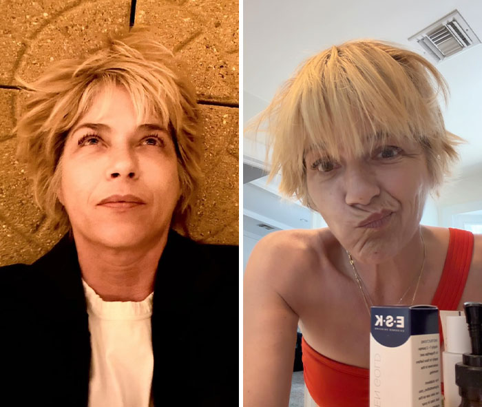 Side-by-side selfies showing Selma Blair with short blonde hair and expressive faces. Side-by-side selfies showing Selma Blair with short blonde hair and expressive faces.