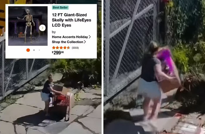 Woman pushing shopping cart with Halloween skeleton and box outdoors Woman pushing shopping cart with Halloween skeleton and box outdoors