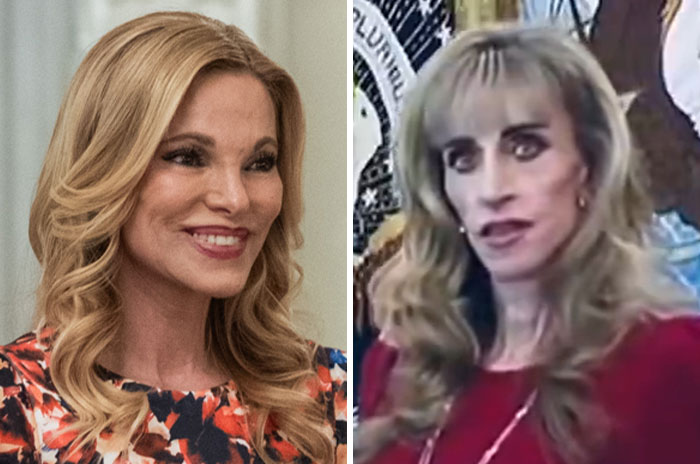 58 years old MAGA influencer smiling with curled blonde hair in colorful dress