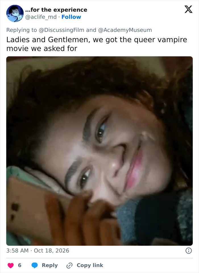 Tweet celebrating a queer vampire movie related to the Academy Museum