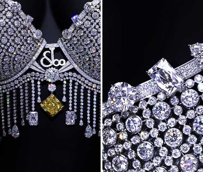 Close-up details of the expensive $50M bra encrusted with sparkling diamonds and a yellow gemstone
