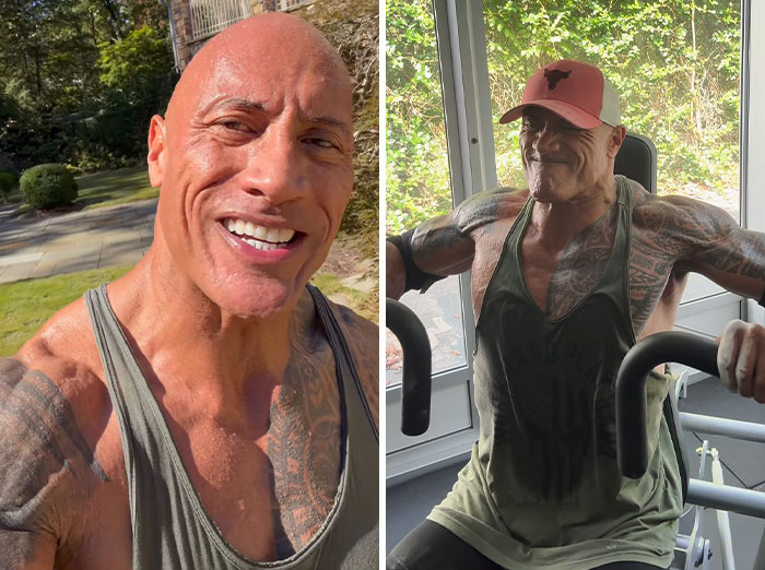 Side-by-side photos showing the dramatic transformation of Hollywood superstar Dwayne Johnson in the gym.