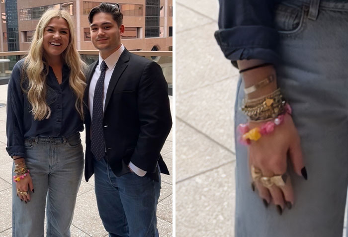 Erika Kirk posing alongside a young man, highlighting her stack of bracelets. Erika Kirk posing alongside a young man, highlighting her stack of bracelets.