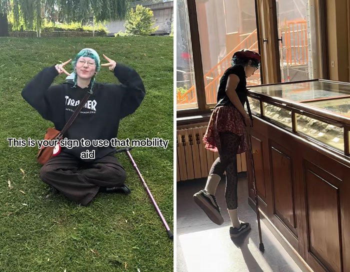 A young woman sitting outdoors and standing in a museum, posing confidently with her walking cane as mobility aids.