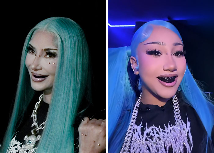 Side-by-side photo showing Kim Kardashian and North West's Halloween transformation styles