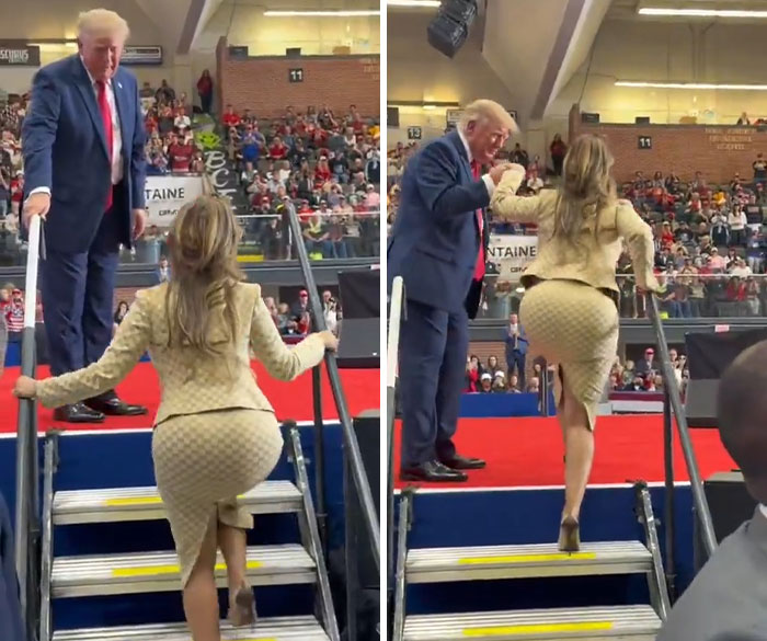 Side-by-side view showing Nicki Minaj’s unusual walk up stage stairs assisted by Donald Trump. Side-by-side view showing Nicki Minaj’s unusual walk up stage stairs assisted by Donald Trump.