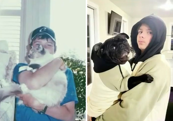 Side-by-side photo of a person holding pets, related to the story of a vet employee secretly taking a dog home Side-by-side photo of a person holding pets, related to the story of a vet employee secretly taking a dog home
