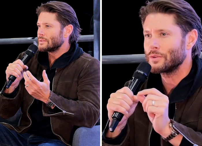 Hollywood Heartthrob speaking with a microphone at an event about the Amber Heard lawsuit joke