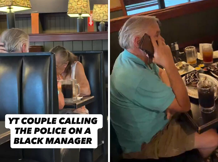 A Karen couple calls police on restaurant manager while sitting at a table with a plate of ribs. A Karen couple calls police on restaurant manager while sitting at a table with a plate of ribs.