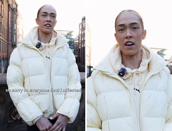 A female HYROX athlete wearing a yellow jacket making a public statement