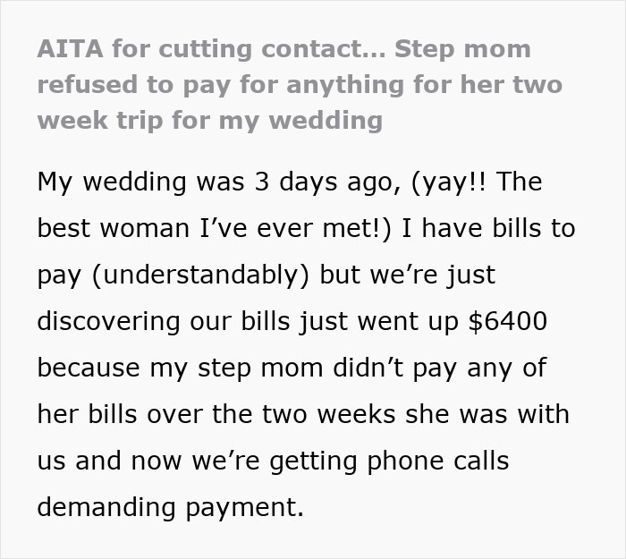 Text about stepmom refusing to pay wedding expenses and causing $6400 in bills