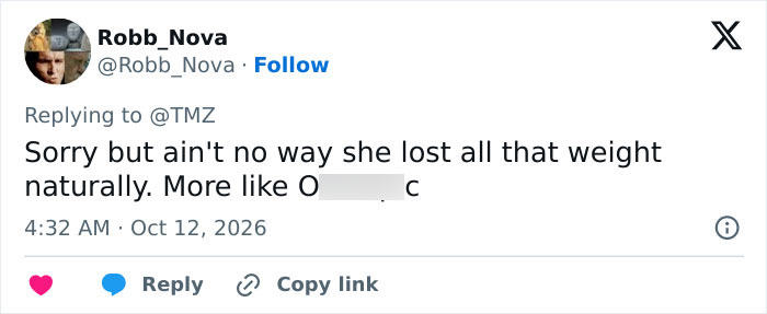 A social media post questioning Kelly Osbourne weight loss and mentioning Ozempic