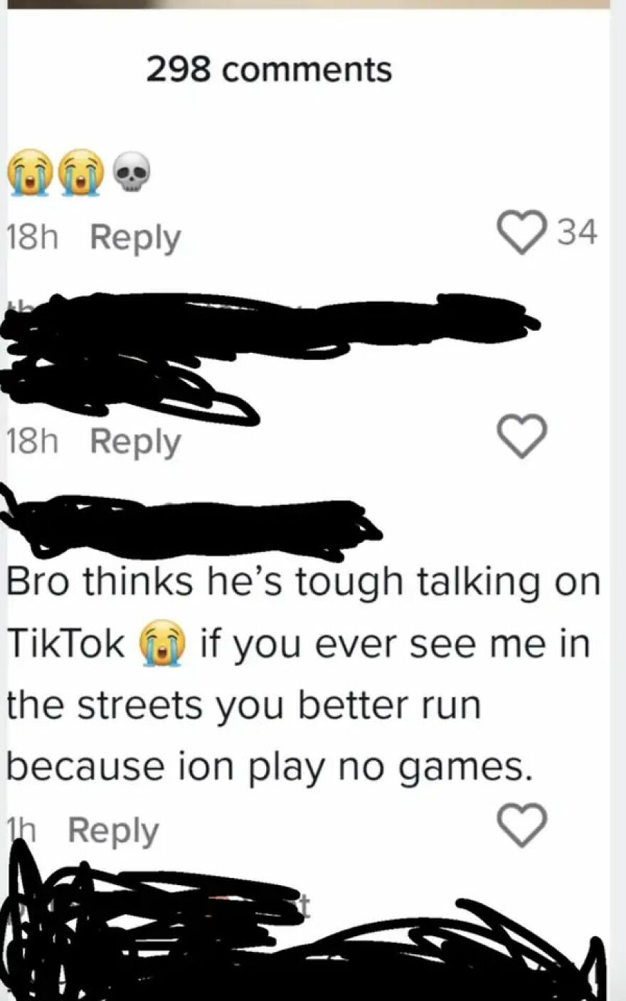 Comment mocking someone for trying to look tough on TikTok with street threats