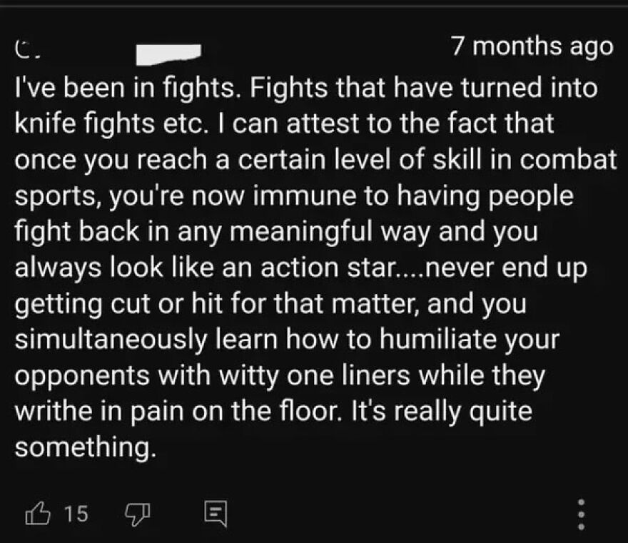 Person describes experience in fights and combat sports with witty comebacks