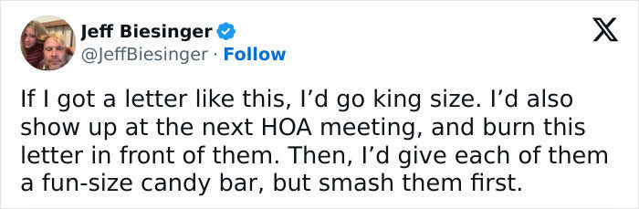A post reacting to HOA Halloween candy regulations about giving king size and smashed fun-size candy bars. A post reacting to HOA Halloween candy regulations about giving king size and smashed fun-size candy bars.