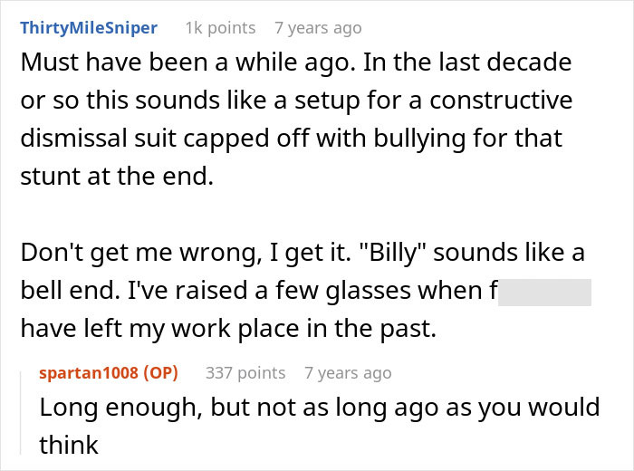 An online comment discussion about workplace bullying and constructive dismissal.