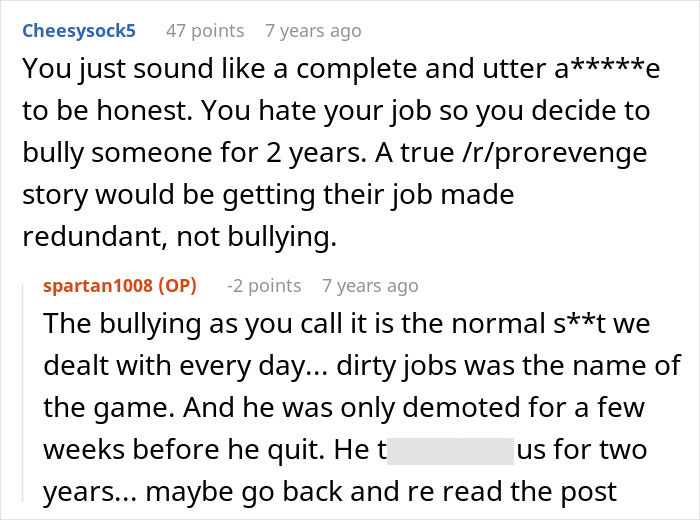 Comments discussing how a boss was demoted and bullied for two years before quitting.