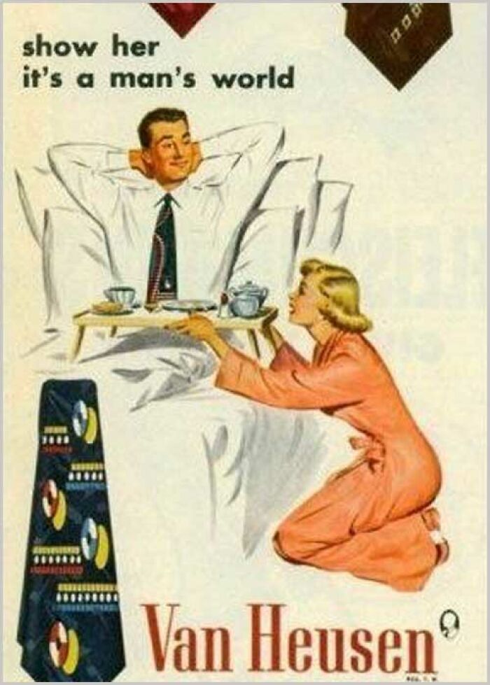 Vintage Van Heusen ad showing woman serving man breakfast in bed